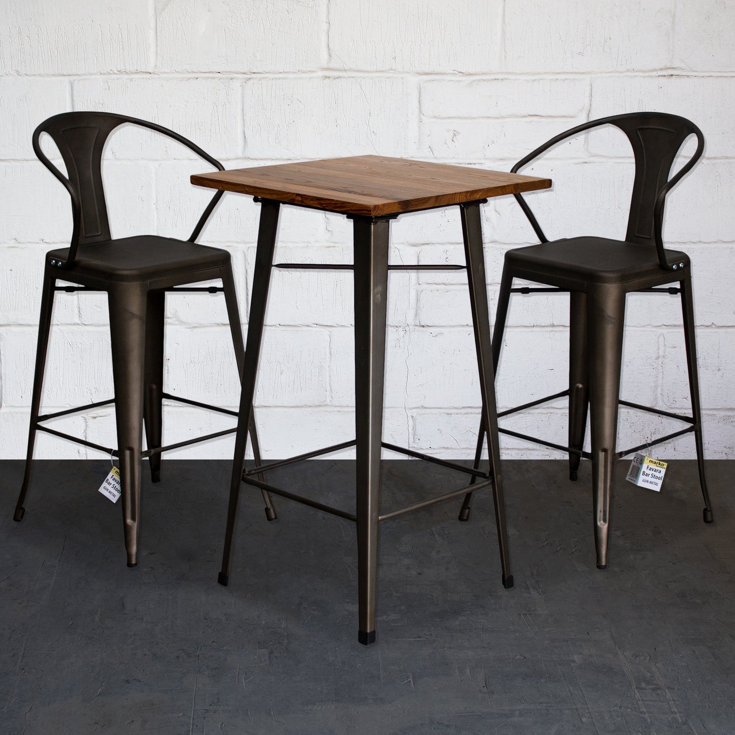 3PC Lodi Table & Favara Bar Stool Set - Gun Metal Grey