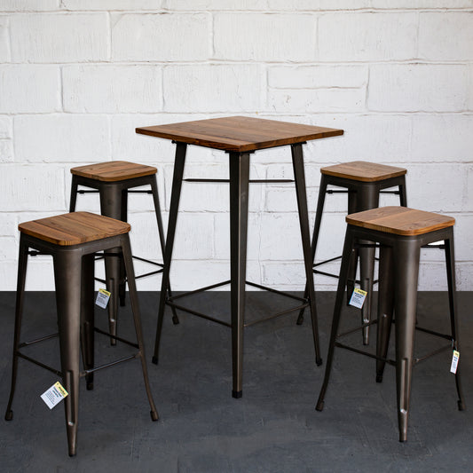 5PC Lodi Table & Firenze Bar Stool Set - Gun Metal Grey