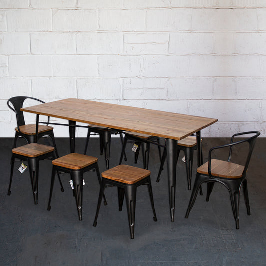 9PC Taranto Table, 2 Florence Chairs & 6 Rho Stools Set - Onyx Matt Black