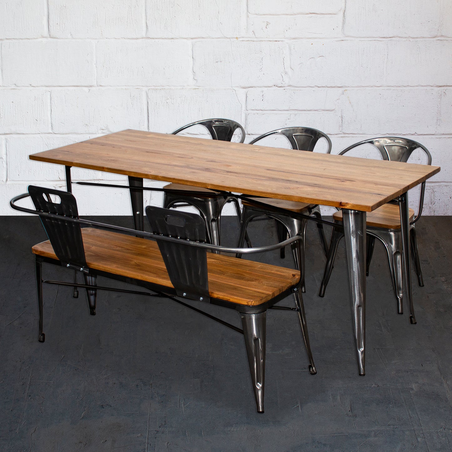 5PC Taranto Table, 3 Florence Chairs & Nuoro Bench Set - Steel