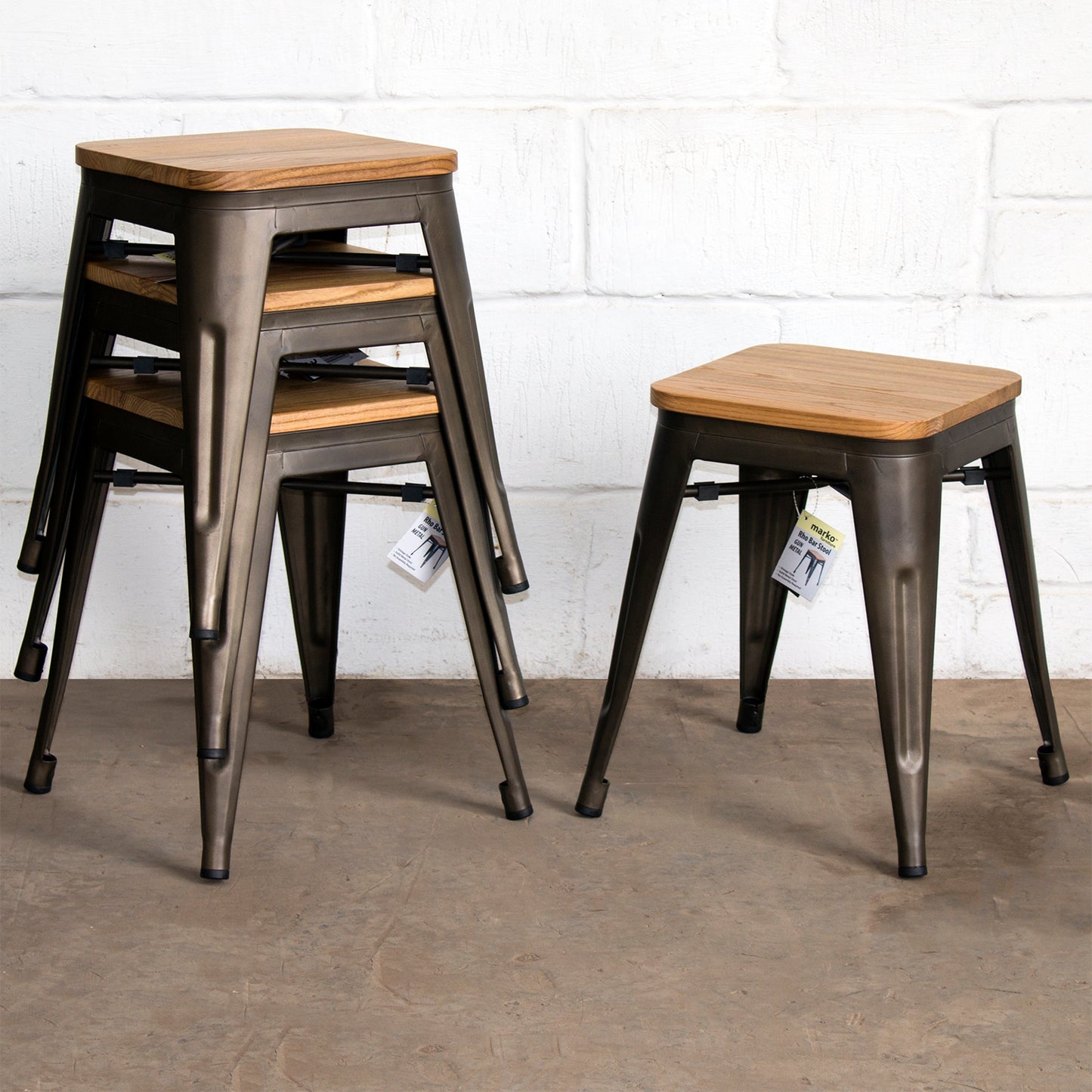 5PC Taranto Table, 3 Rho Stools & Nuoro Bench Set - Gun Metal Grey