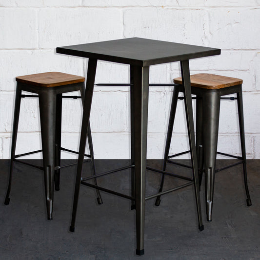 3PC Laus Table & Firenze Bar Stool Set - Gun Metal Grey