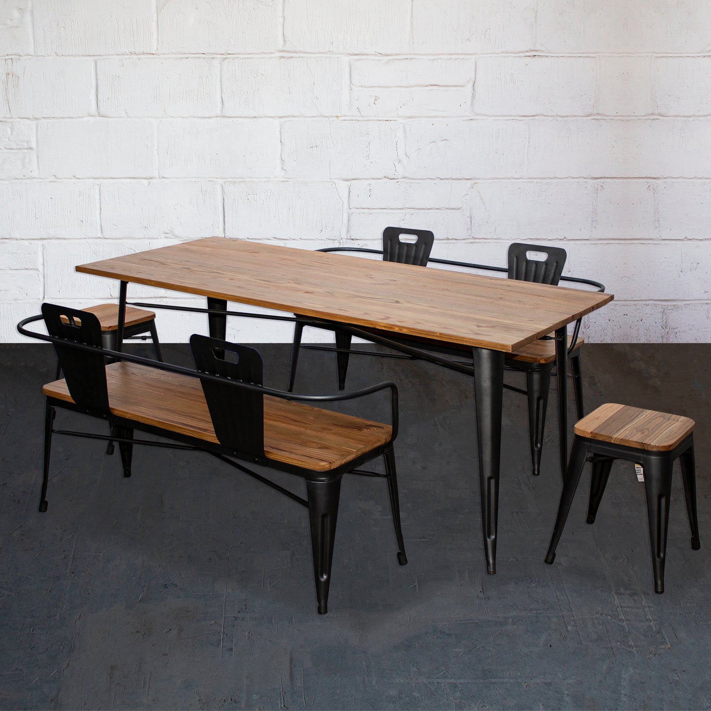 5PC Taranto Table, 2 Rho Stools & 2 Nuoro Benches Set - Onyx Matt Black