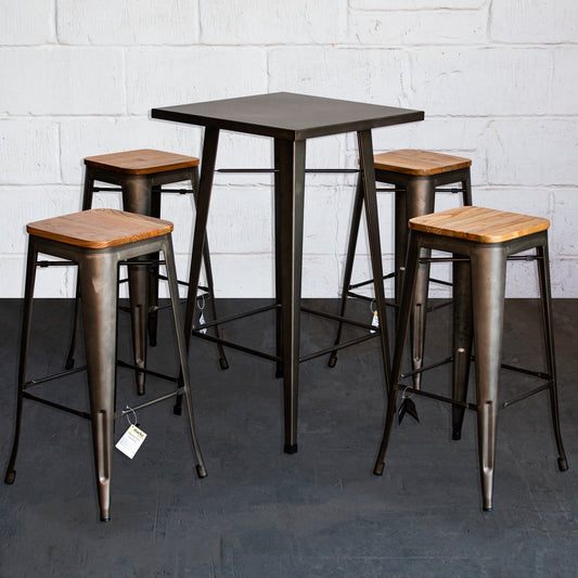 5PC Laus Table & Firenze Bar Stool Set - Gun Metal Grey