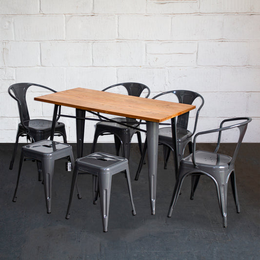 7PC Prato Table, 4 Forli Chairs & 2 Castel Stools Set - Graphite Grey
