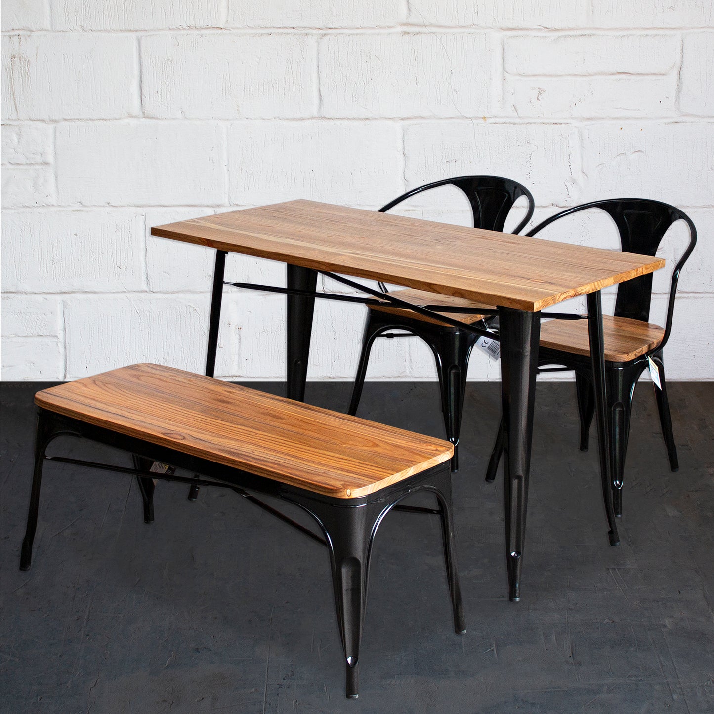 4PC Prato Table, 2 Florence Chairs & Sicily Bench Set - Black