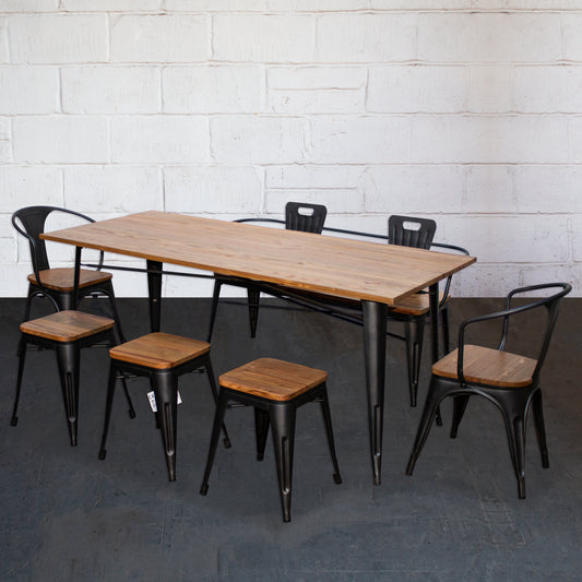 7PC Taranto Table, 2 Florence Chairs, 3 Rho Stools & Nuoro Bench Set - Onyx Matt Black