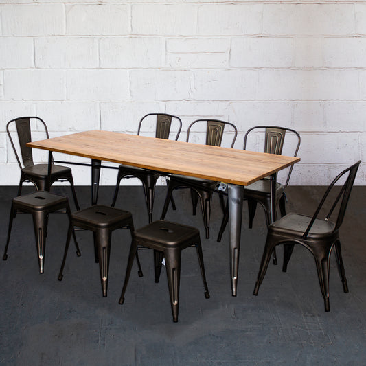 9PC Taranto Table, 5 Siena Chairs & 3 Castel Stools Set - Gun Metal Grey