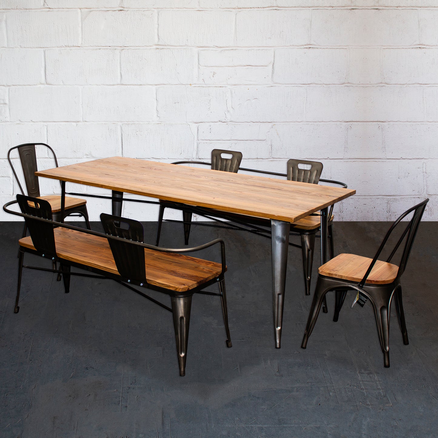 5PC Taranto Table, 2 Palermo Chairs & 2 Nuoro Benches Set - Gun Metal Grey