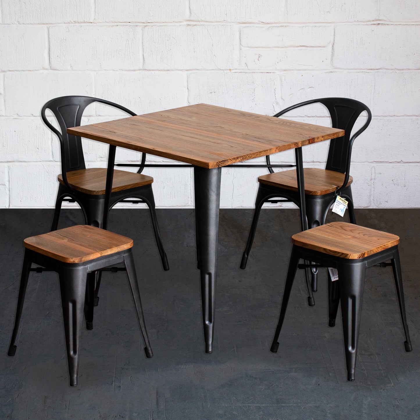 5PC Enna Table Florence Chair & Rho Stool Set - Onyx Matt Black