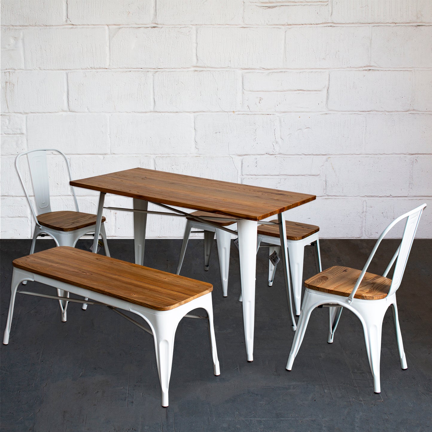 6PC Prato Table, 2 Palermo Chairs, 2 Rho Stools & Sicily Bench Set - White
