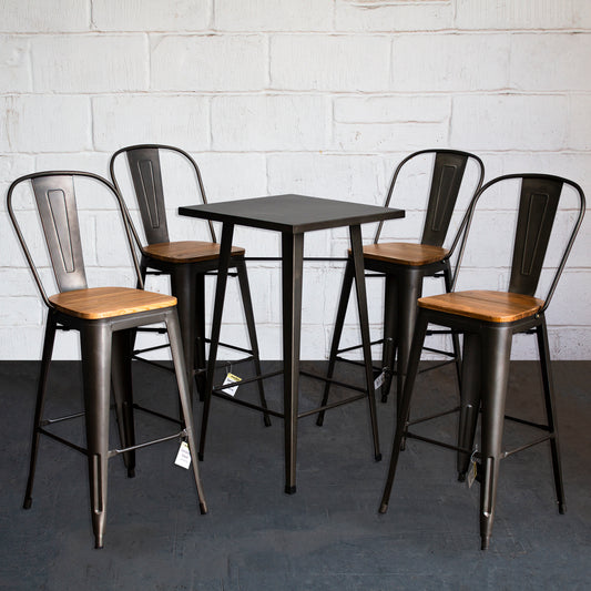 5PC Laus Table & Soranzo Bar Stool Set - Gun Metal Grey