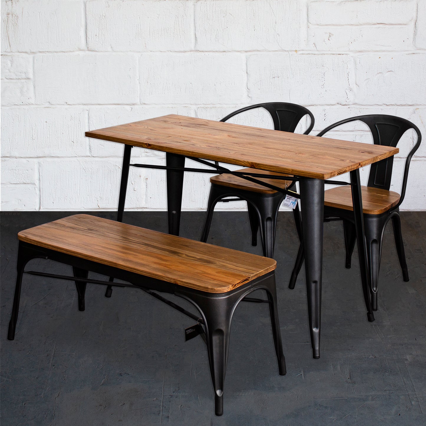 4PC Prato Table, 2 Florence Chairs & Sicily Bench Set - Onyx Matt Black