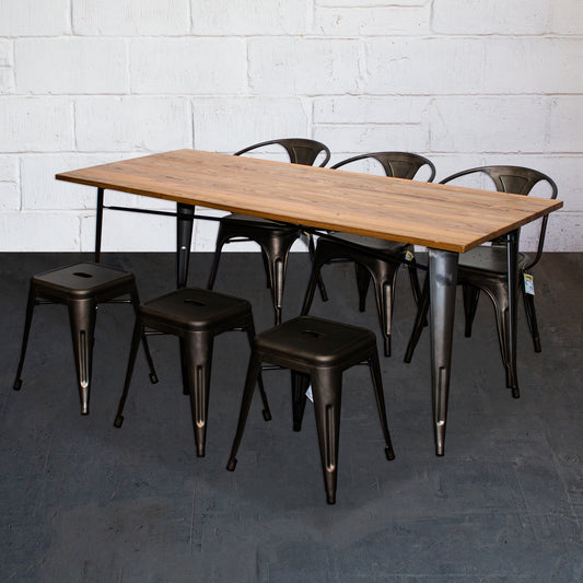 7PC Taranto Table, 3 Forli Chairs & 3 Castel Stools Set - Gun Metal Grey