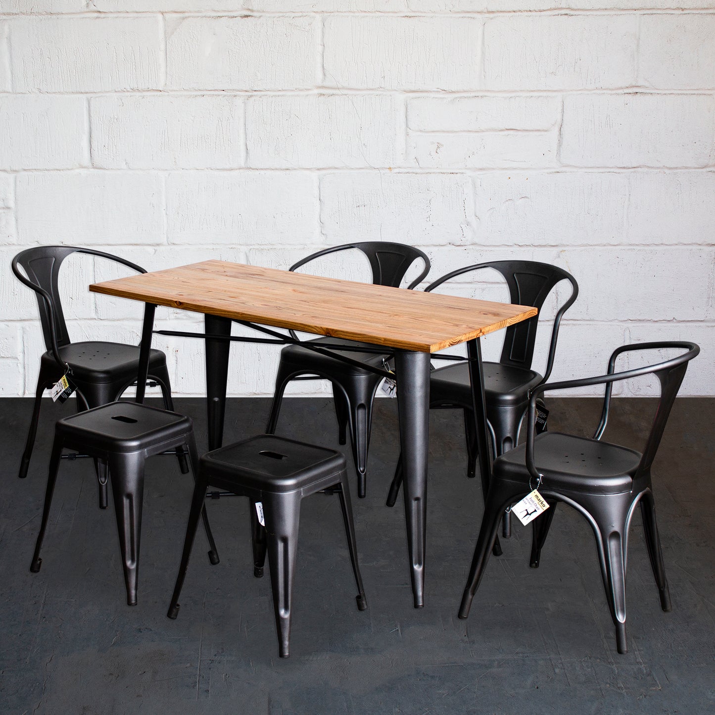 7PC Prato Table, 4 Forli Chairs & 2 Castel Stools Set - Onyx Matt Black