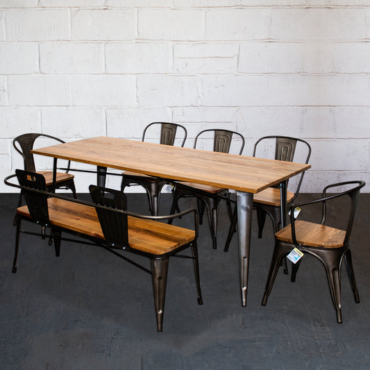 7PC Taranto Table, 2 Florence Chairs, 3 Palermo Chairs & Nuoro Bench Set - Gun Metal Grey