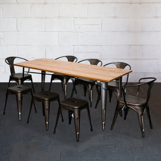 9PC Taranto Table, 5 Forli Chairs & 3 Castel Stools Set - Gun Metal Grey