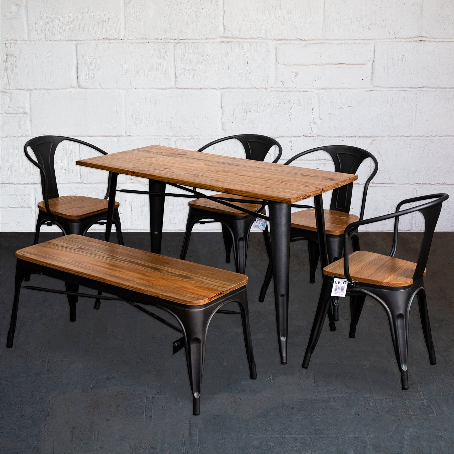 6PC Prato Table, 4 Florence Chairs & Sicily Bench Set - Onyx Matt Black