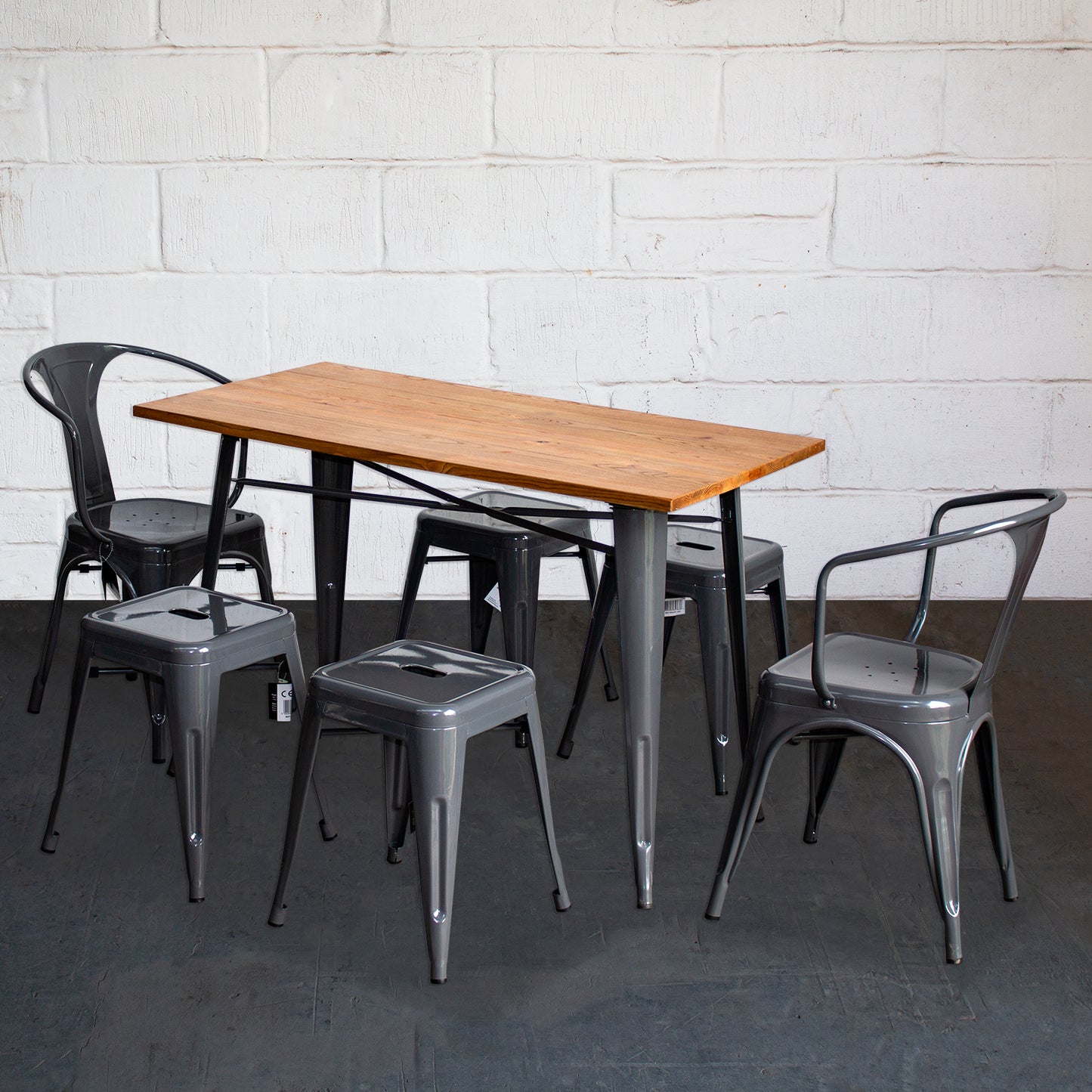 7PC Prato Table, 2 Forli Chairs & 4 Castel Stools Set - Graphite Grey