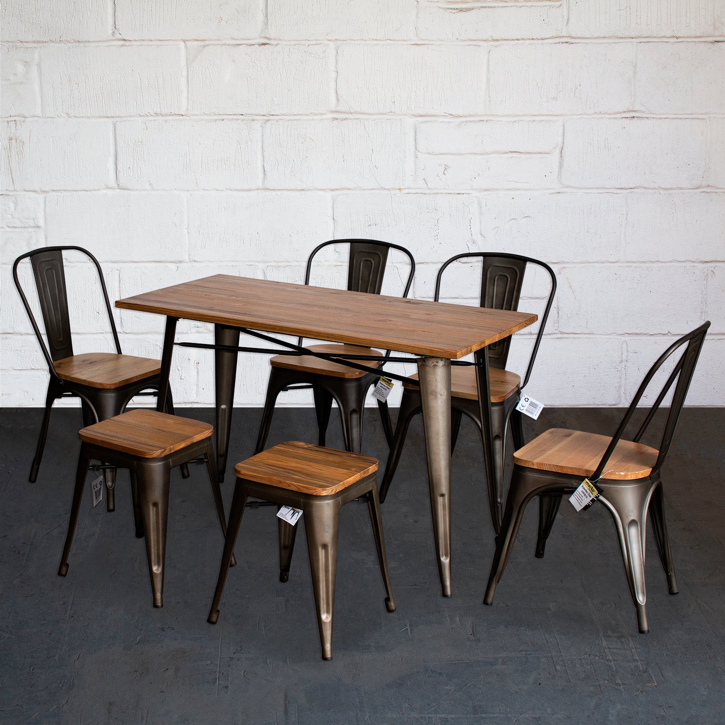 7PC Prato Table, 4 Palermo Chairs & 2 Rho Stools Set - Gun Metal Grey