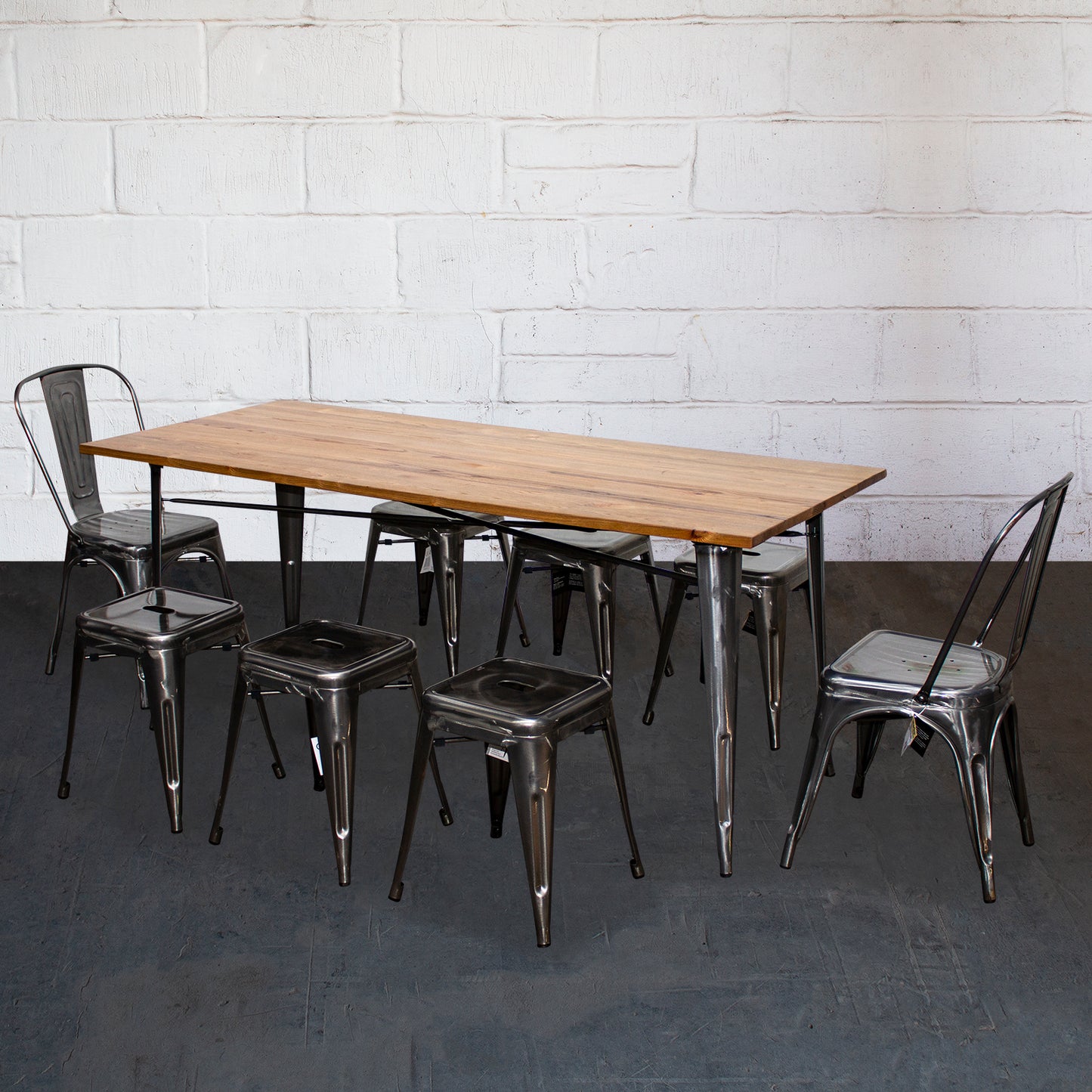 9PC Taranto Table, 2 Siena Chairs & 6 Castel Stools Set - Steel