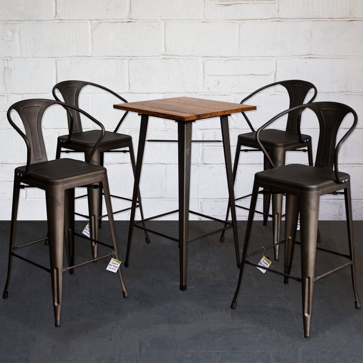 5PC Lodi Table & Favara Bar Stool Set - Gun Metal Grey