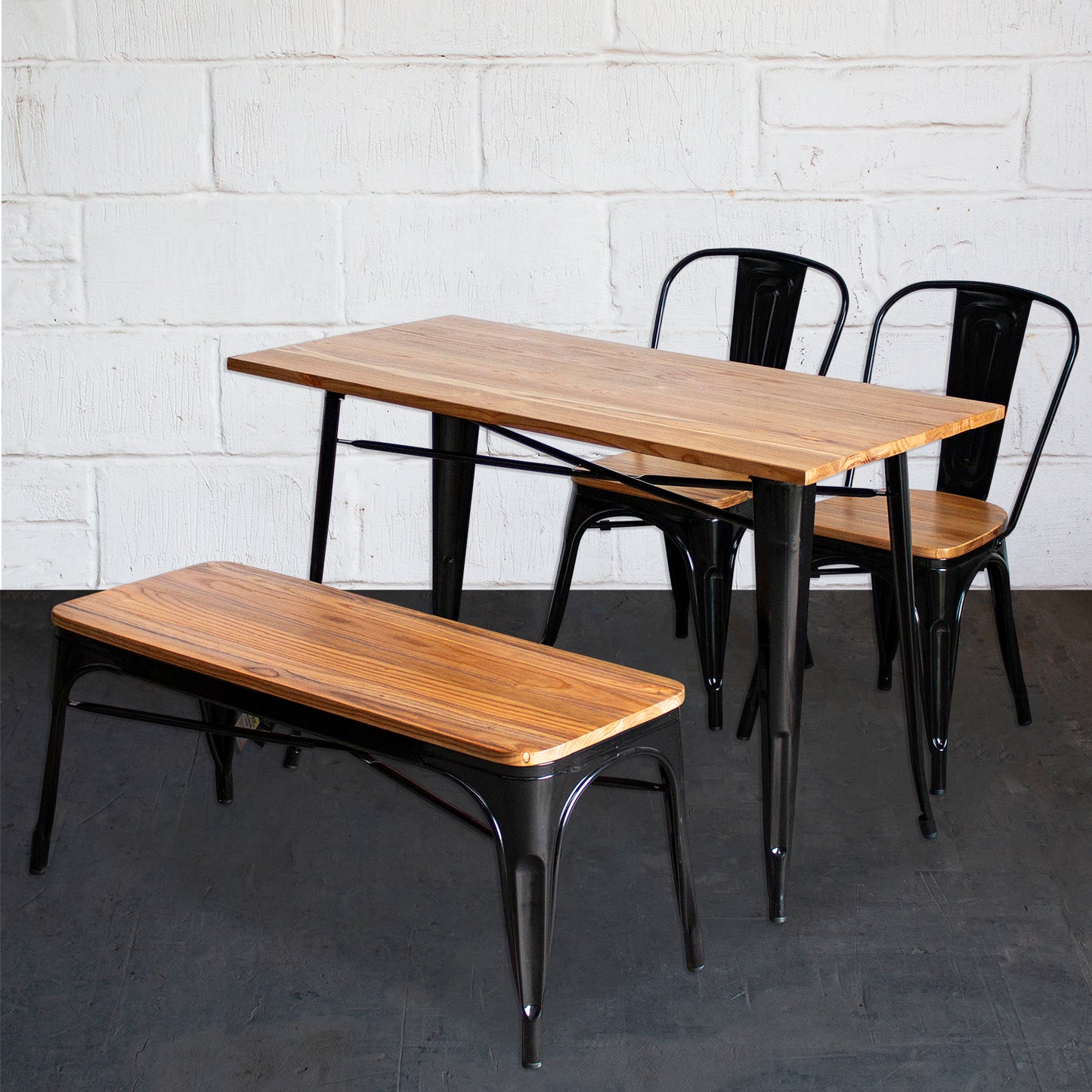 4PC Prato Table, 2 Palermo Chairs & Sicily Bench Set - Black