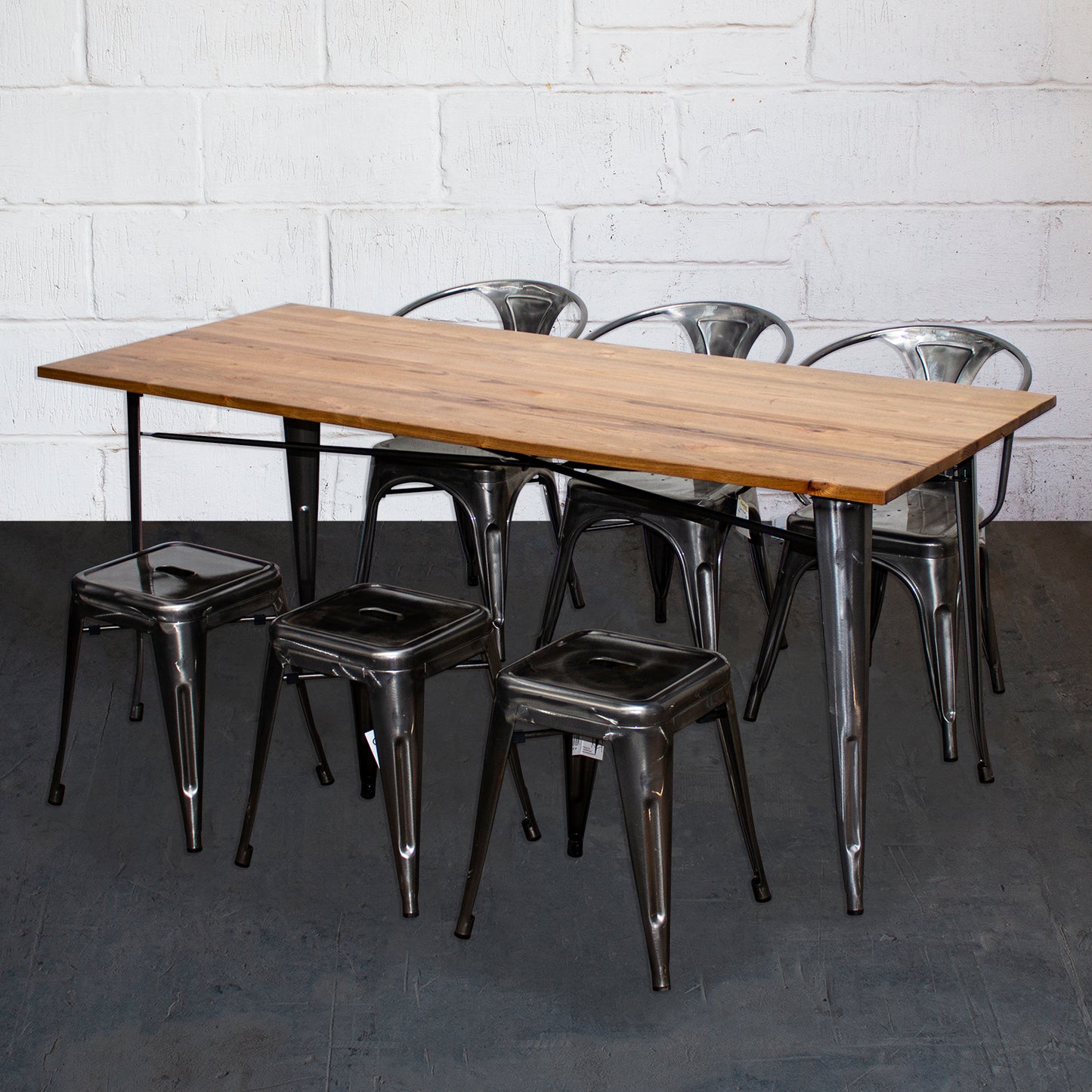 7PC Taranto Table, 3 Forli Chairs & 3 Castel Stools Set - Steel