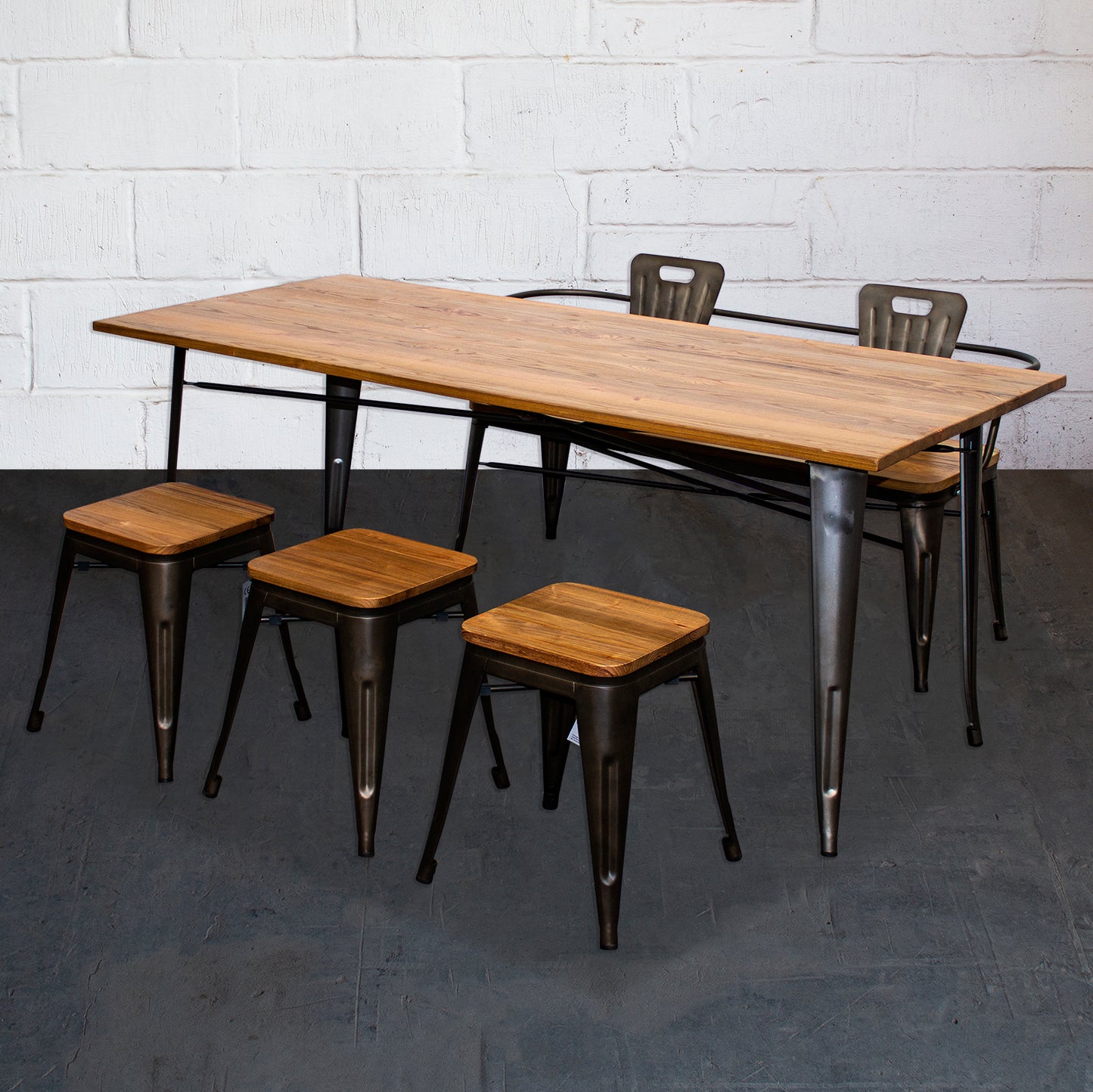 5PC Taranto Table, 3 Rho Stools & Nuoro Bench Set - Gun Metal Grey