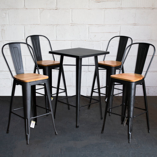 5PC Laus Table & Soranzo Bar Stool Set - Onyx Matt Black