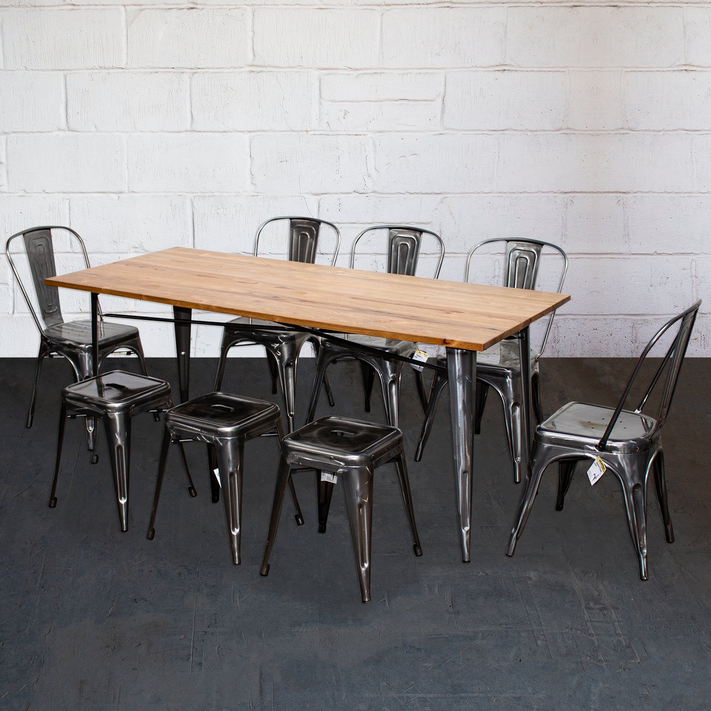 9PC Taranto Table, 5 Siena Chairs & 3 Castel Stools Set - Steel