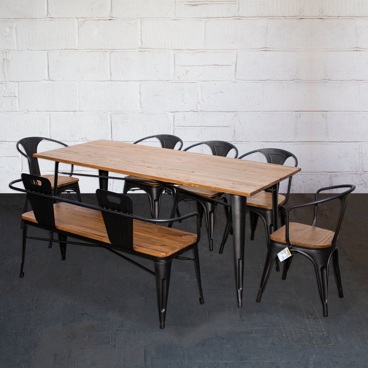 7PC Taranto Table, 5 Florence Chairs & Nuoro Bench Set - Onyx Matt Black