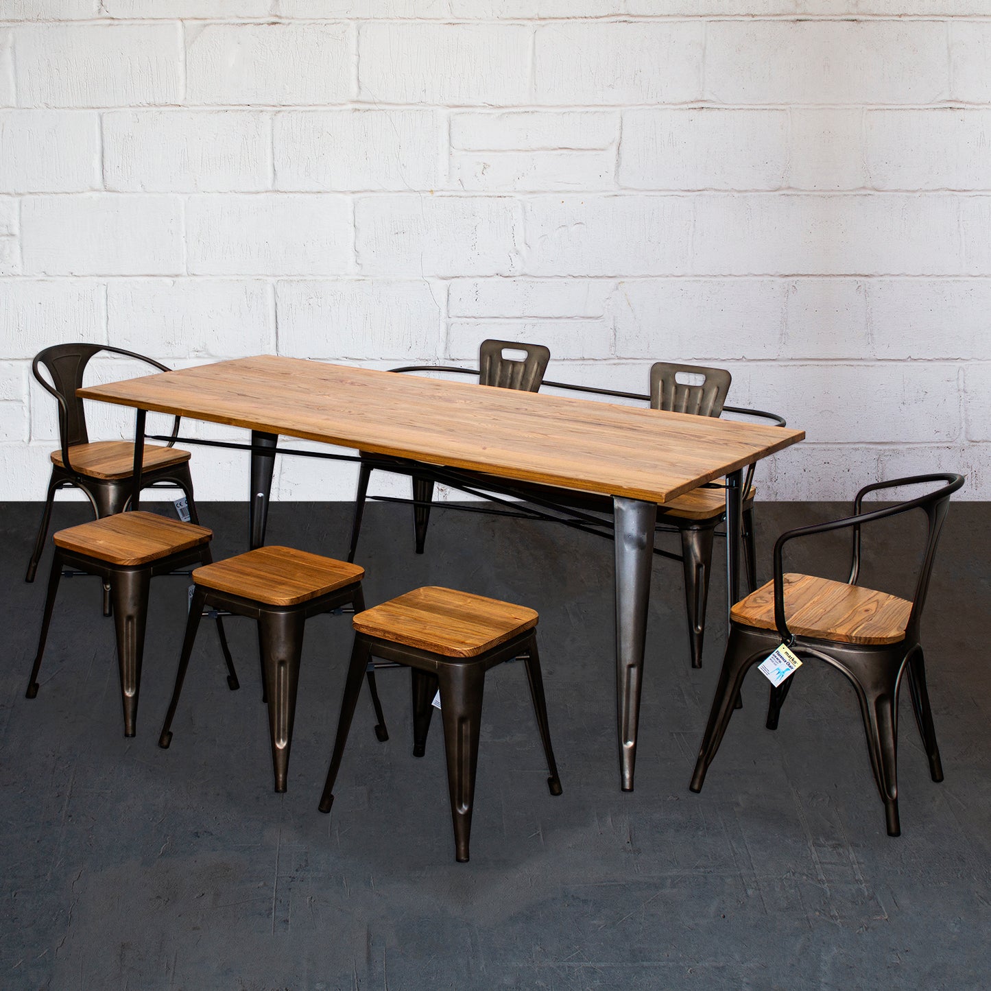 7PC Taranto Table, 2 Florence Chairs, 3 Rho Stools & Nuoro Bench Set - Gun Metal Grey