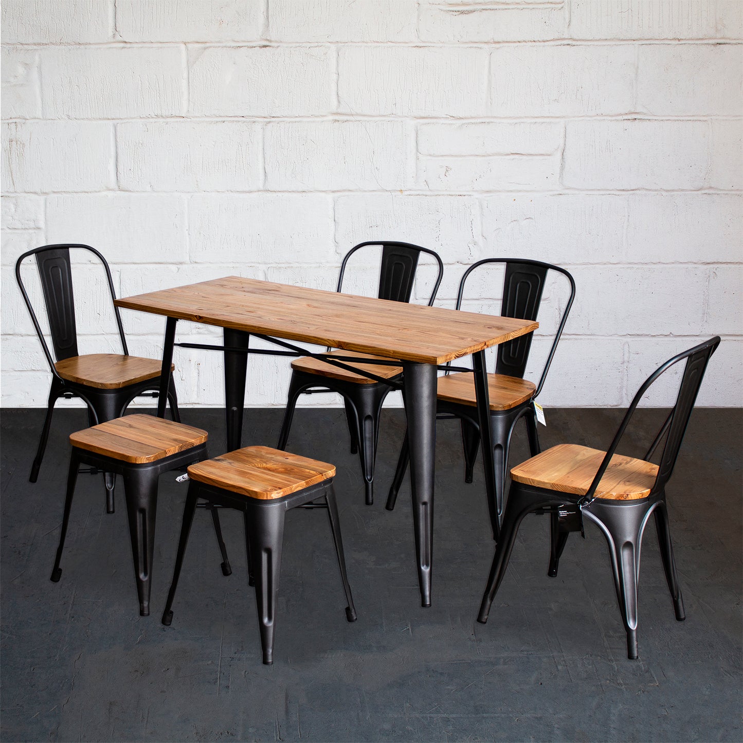 7PC Prato Table, 4 Palermo Chairs & 2 Rho Stools Set - Onyx Matt Black