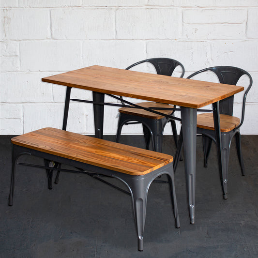 4PC Prato Table, 2 Florence Chairs & Sicily Bench Set - Graphite Grey