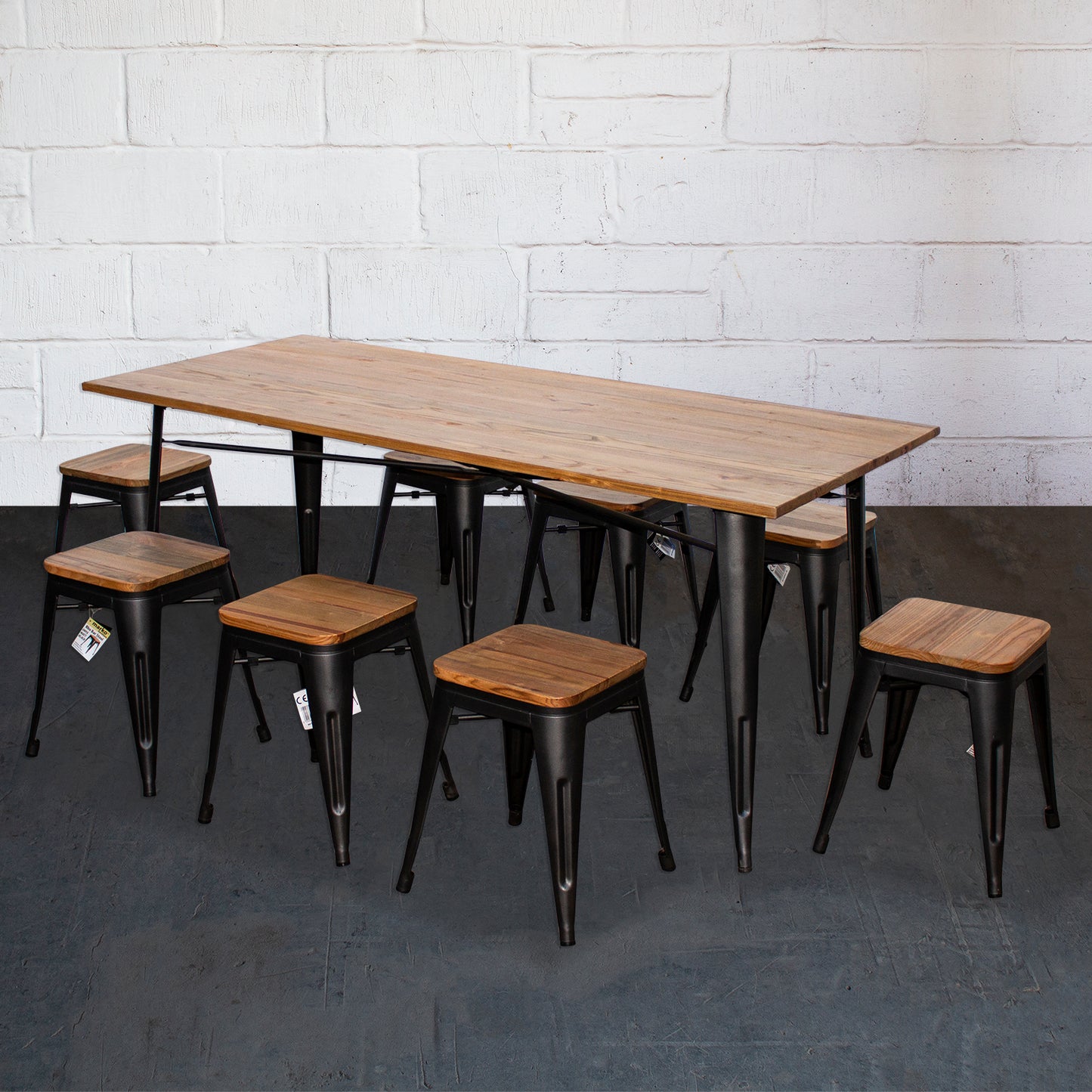 9PC Taranto Table & 8 Rho Stools Set - Onyx Matt Black