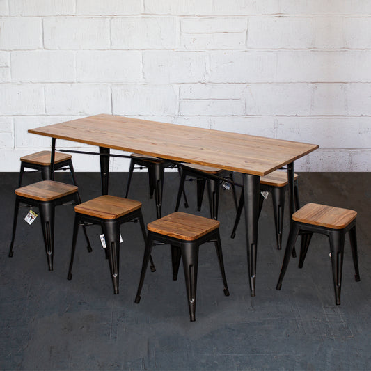 9PC Taranto Table & 8 Rho Stools Set - Onyx Matt Black
