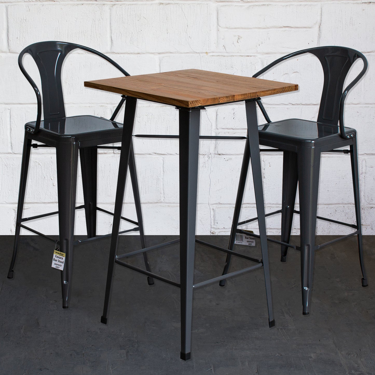 3PC Lodi Table & Favara Bar Stool Set - Graphite Grey