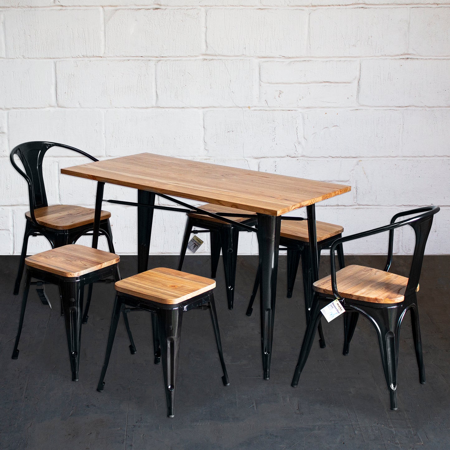 7PC Prato Table, 2 Florence Chairs & 4 Rho Stools Set - Black