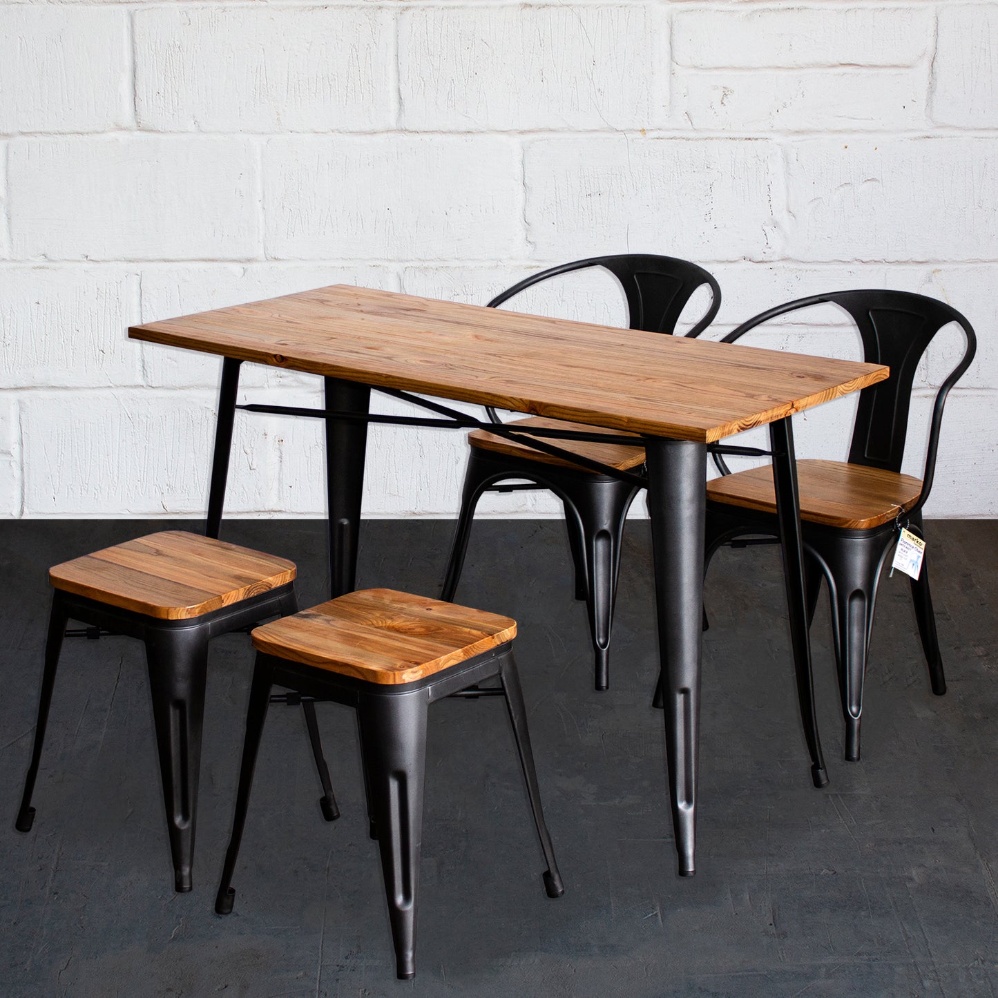5PC Prato Table, 2 Florence Chairs & 2 Rho Stools Set - Onyx Matt Black
