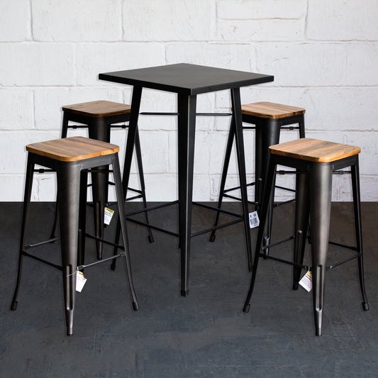 5PC Laus Table & Firenze Bar Stool Set - Onyx Matt Black